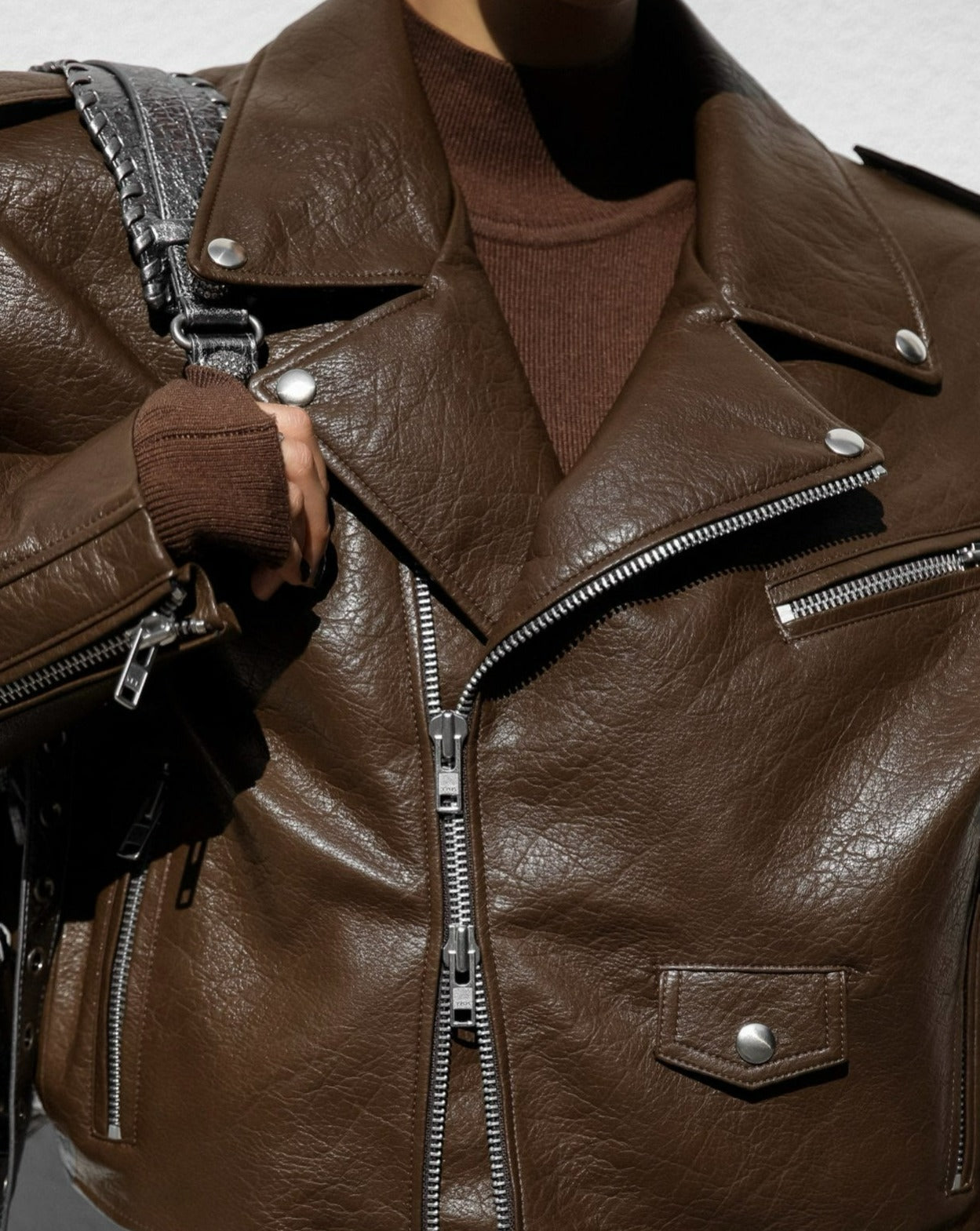 【PAPERMOON 페이퍼 문】AW / Oversized Vegan Leather Cropped Chunky Biker Jacket