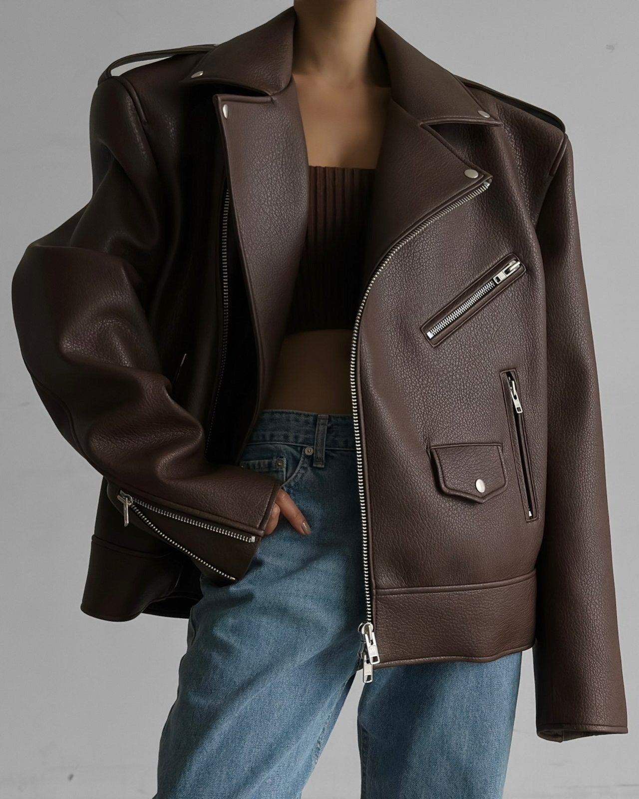 [PAPERMOON] AW / Oversized Chunky Zipped Vegan Leather Biker Jacket