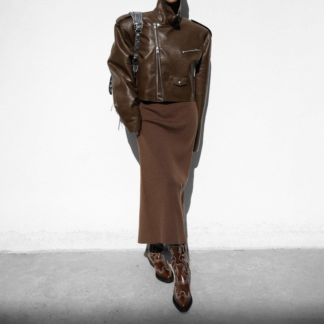 【PAPERMOON 페이퍼 문】AW / Oversized Vegan Leather Cropped Chunky Biker Jacket