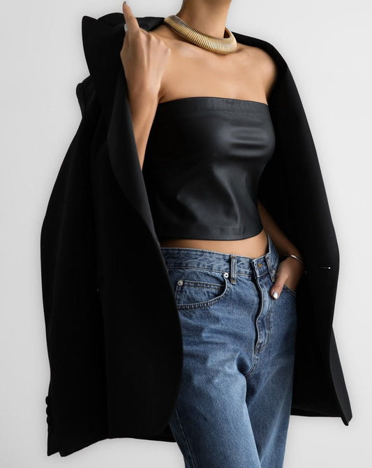 【PAPERMOON 페이퍼 문】SS / Off Shoulder Vegan Leather Tube Top