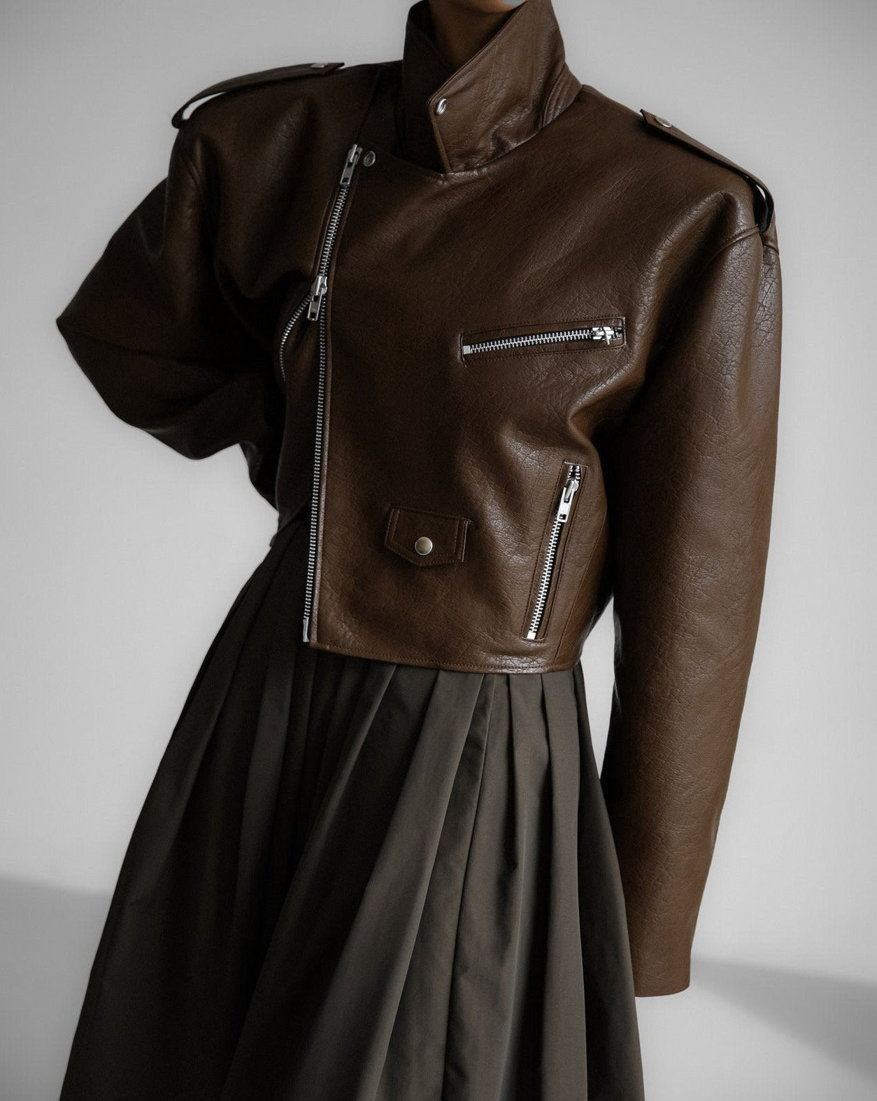 【PAPERMOON 페이퍼 문】AW / Oversized Vegan Leather Cropped Chunky Biker Jacket