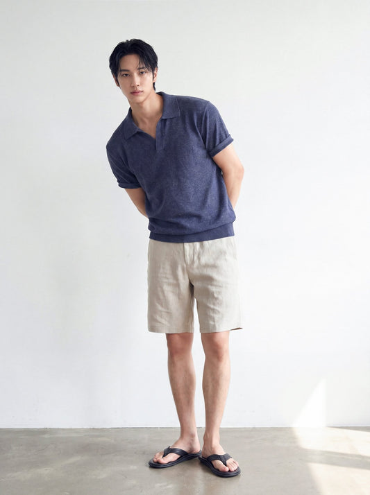 Blend Linen Open Collar Knit