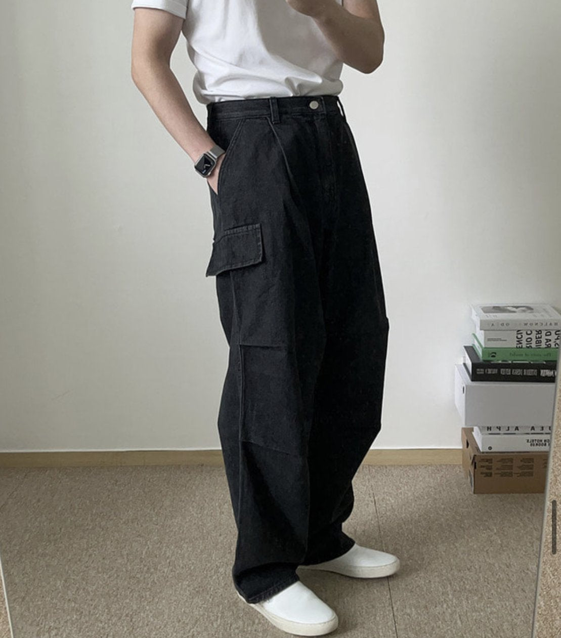 Curved Black Cargo Denim Pants