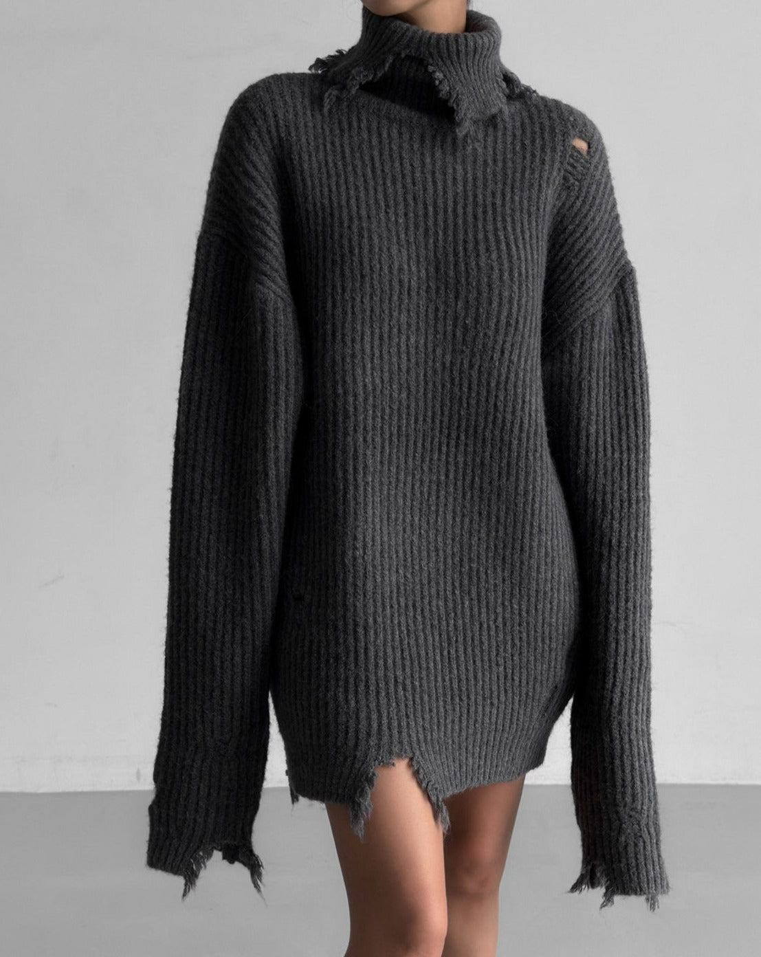 [Ready to ship] [PAPERMOON] AW / Alpaca Blend Wool Chunky Oversized Distressed Turtleneck Knit