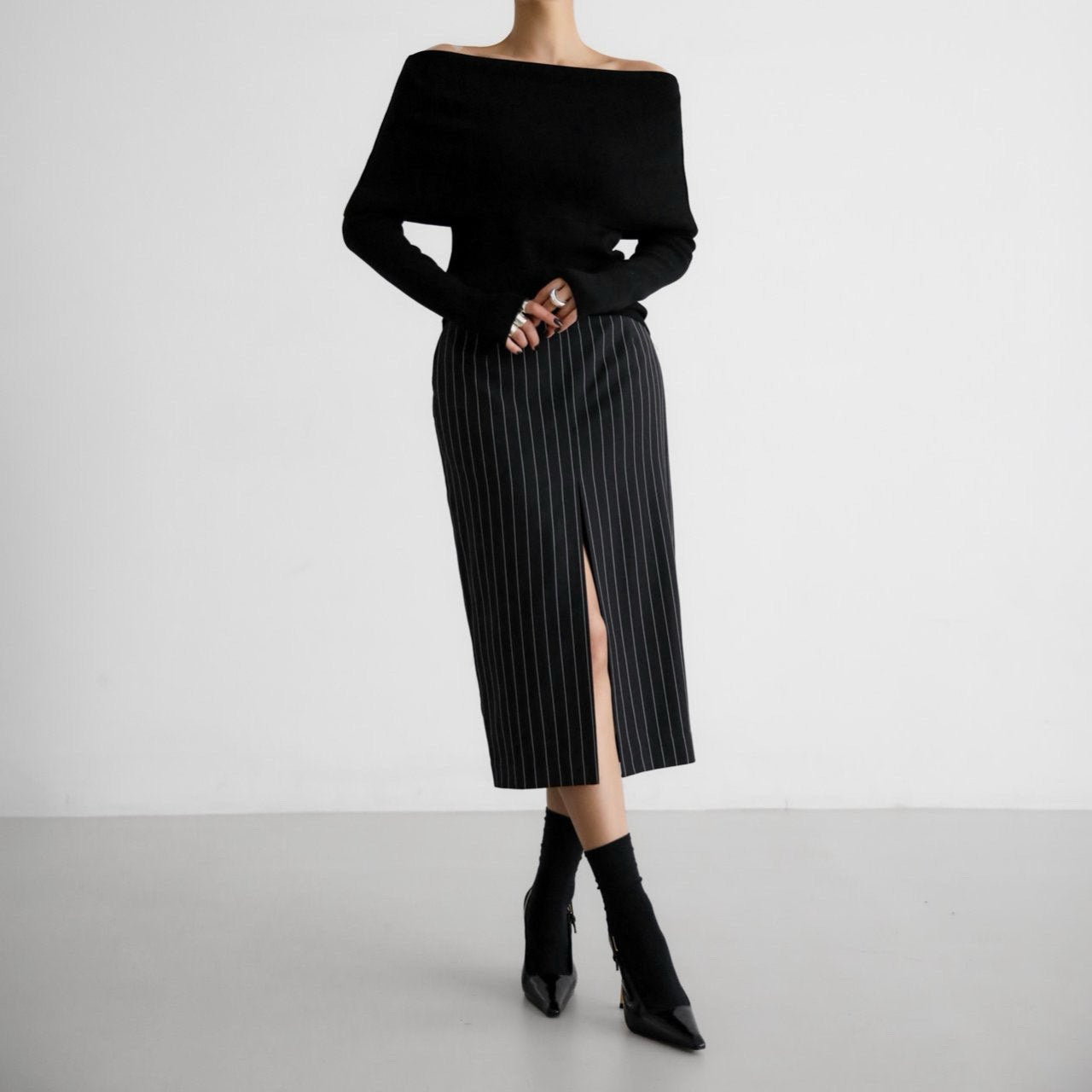 [PAPERMOON] SS / Wide Pin Stripe Set Up Suit Pencil Midi Skirt