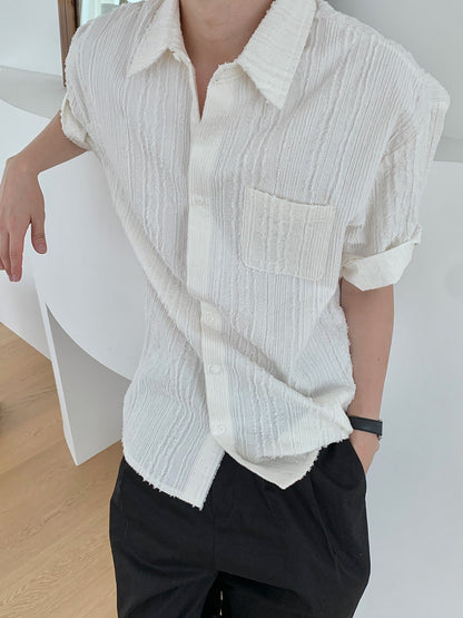 Crinkle Texture Open-Collar Shirt