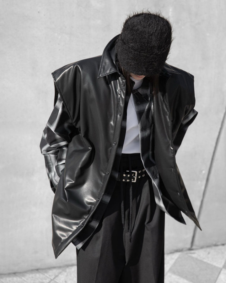 【PAPERMOON ペーパームーン】AW / Oversized Padded Vegan Leather Sleeveless Vest Shirt