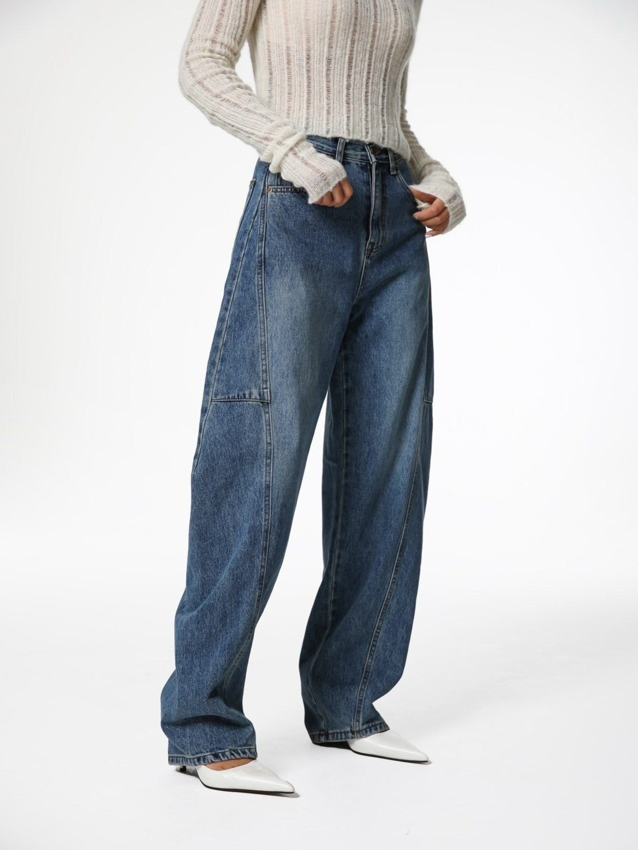 【PAPERMOON 페이퍼 문】AW / Side Stitch Detail Voulme Blue Denim Jeans