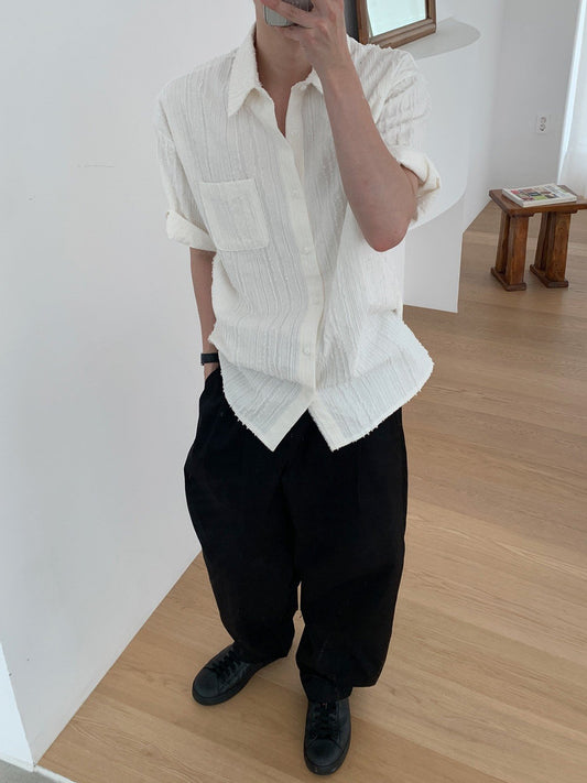 Crinkle Texture Open-Collar Shirt