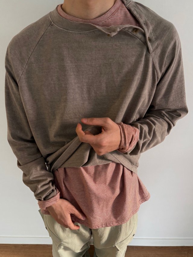 Pigment Side Slit Henley Long Sleeve Tee