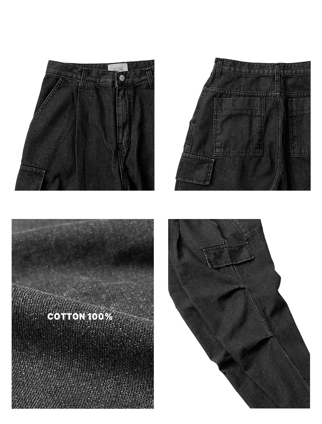 Curved Black Cargo Denim Pants