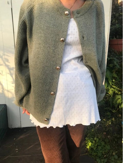 Metal Button Round-Neck Cardigan