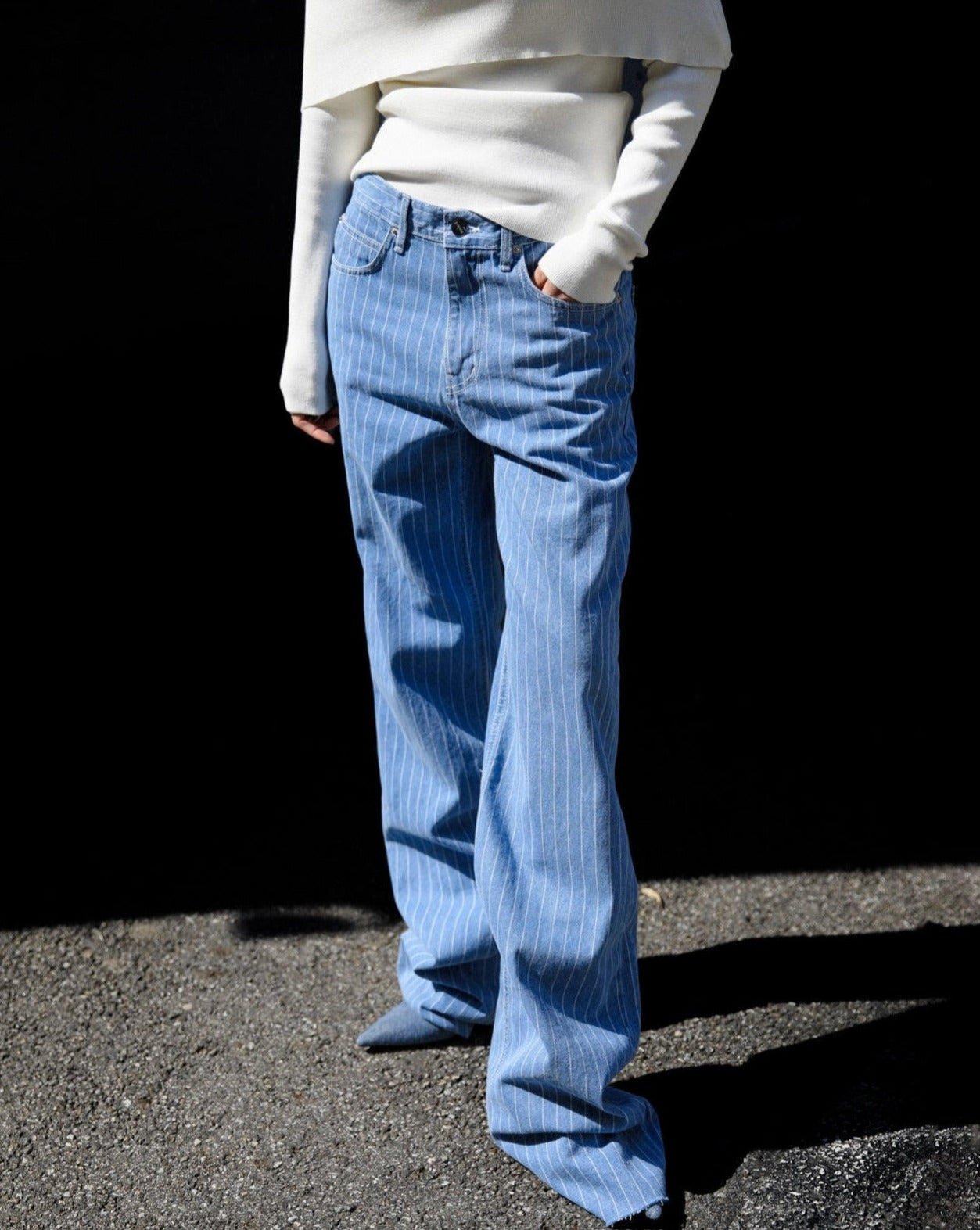 【PAPERMOON 페이퍼 문】SS / Low Rise Striped Pattern Loose Fit Blue Denim Pants