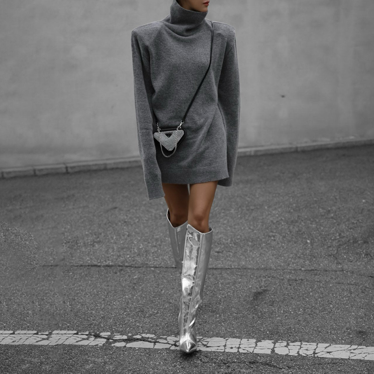 [PAPERMOON] AW / Cashmere Padded Shoulder Turtleneck Mini Dress