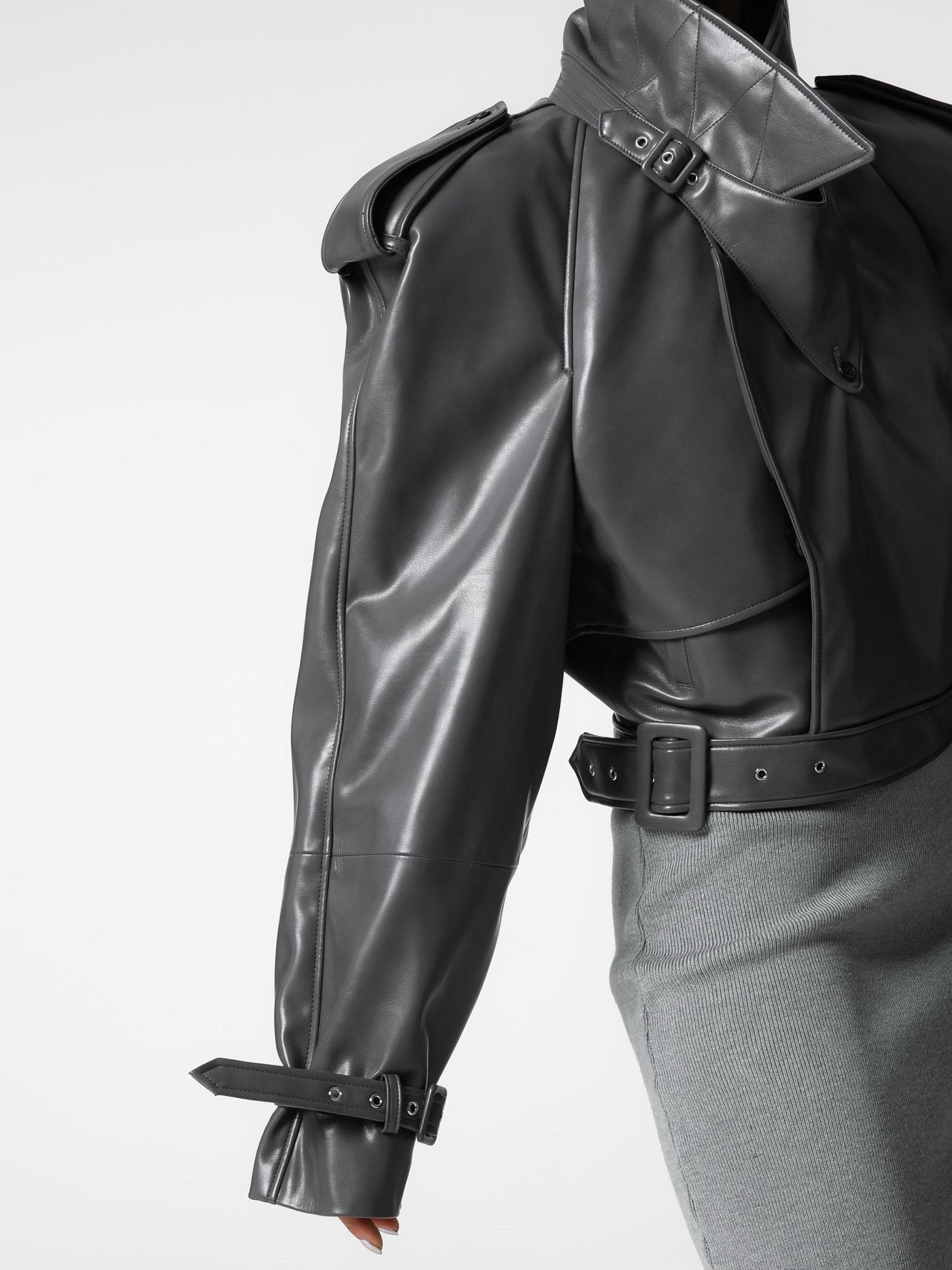 【PAPERMOON ペーパームーン】AW / Belted Buckle Detail Chunky Cropped Leather Trench Jacket