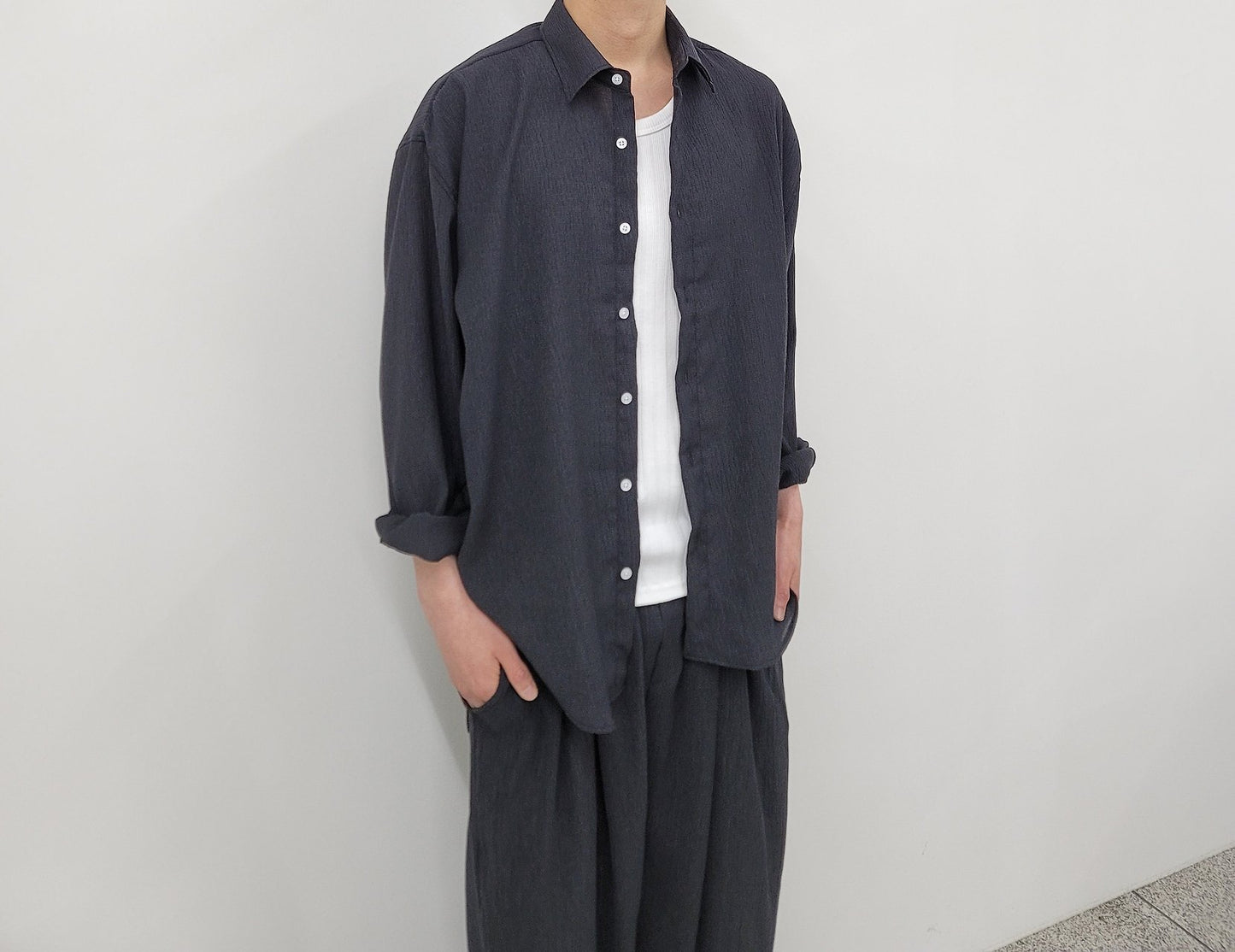 Seersucker Texture Long Sleeve Shirt