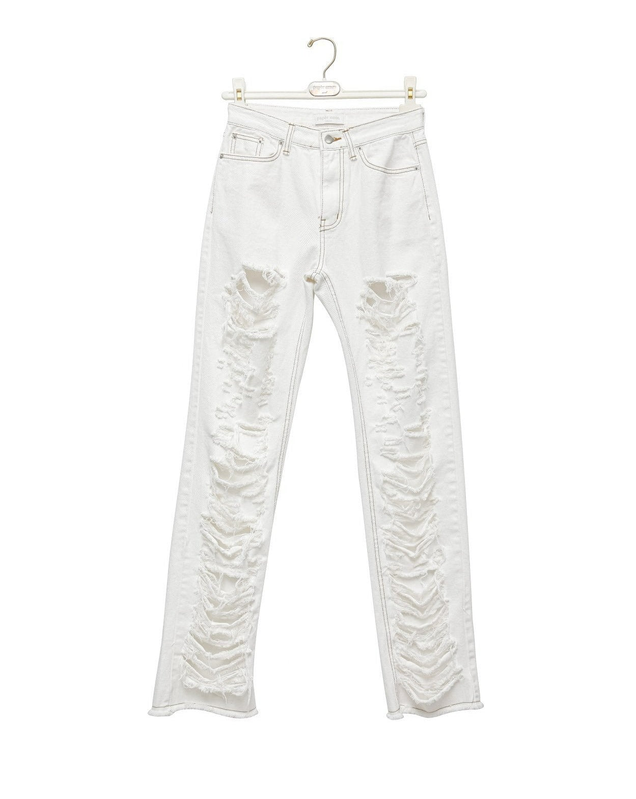 【PAPERMOON 페이퍼 문】SS / Front Maxi Vintage Damage Detail White Straight Denim Jeans