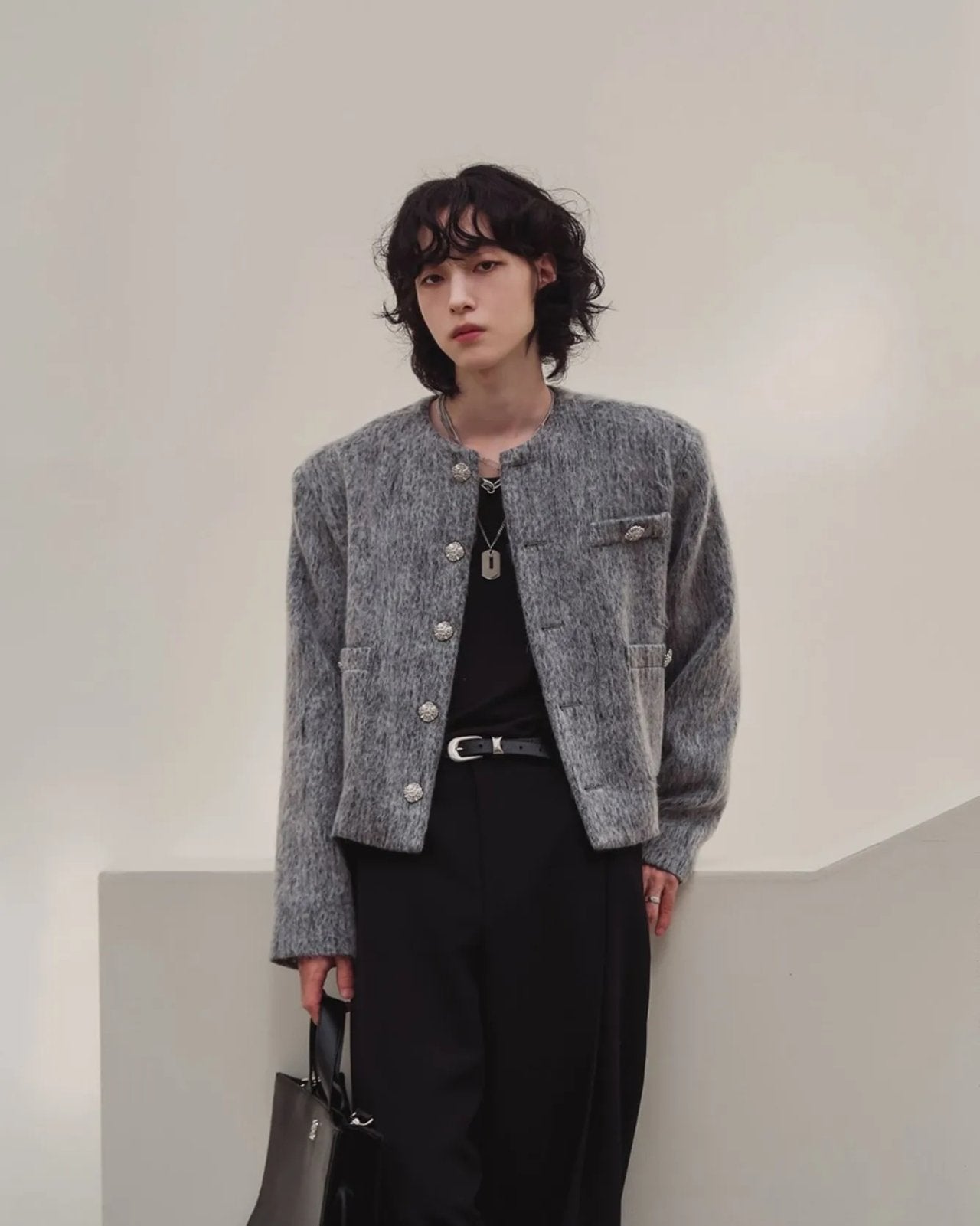 Shaggy Jewel-Button Cardigan Jacket