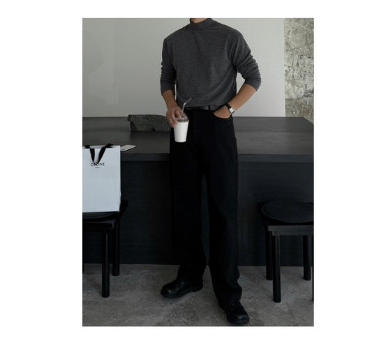 All Black Semi-Wide Back Shirring Denim