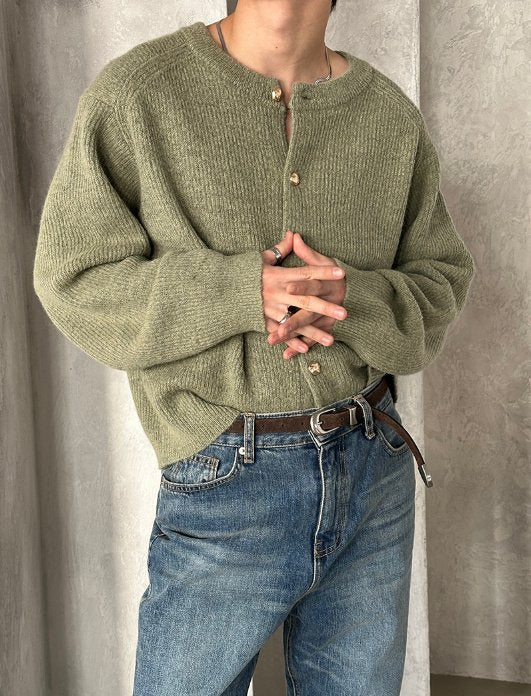 Metal Button Round-Neck Cardigan