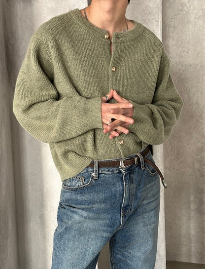 Metal Button Round-Neck Cardigan