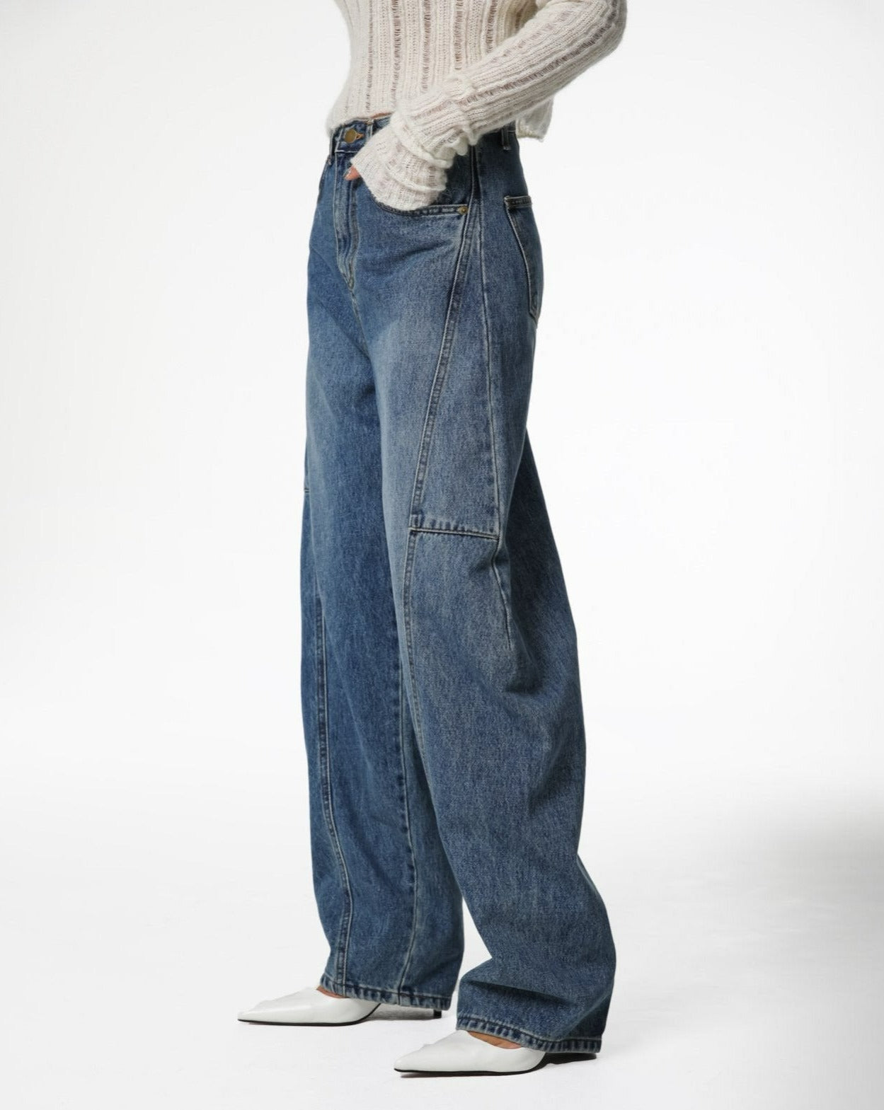 【PAPERMOON 페이퍼 문】AW / Side Stitch Detail Voulme Blue Denim Jeans