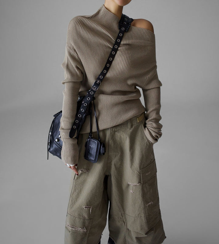 【PAPERMOON ペーパームーン】SS / Asymmetric Line Ribbed Knit Top