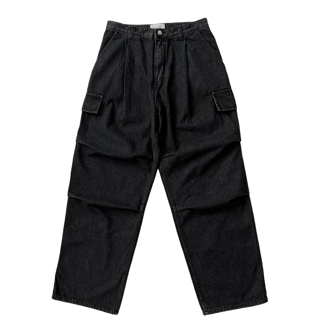 Curved Black Cargo Denim Pants