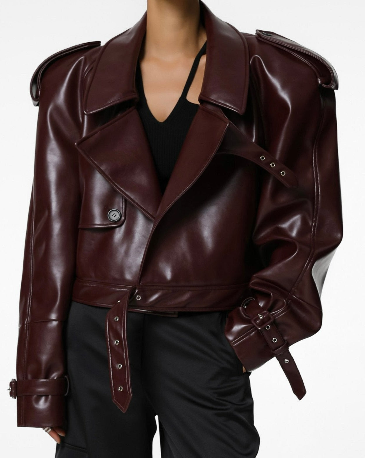 [Ready to ship] [PAPERMOON] AW / Belted Buckle Detail Chunky Cropped Leather Trench Jacket