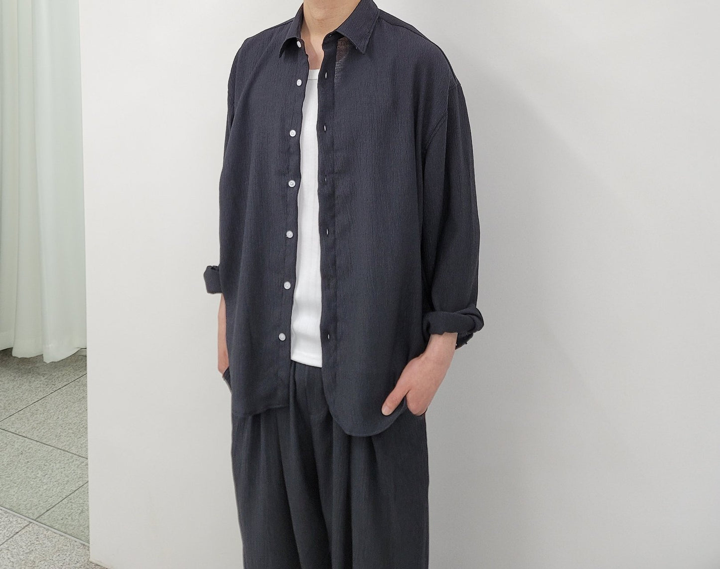Seersucker Texture Long Sleeve Shirt