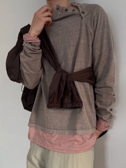 Pigment Dyed Side Slit Henley Long Sleeve Tee
