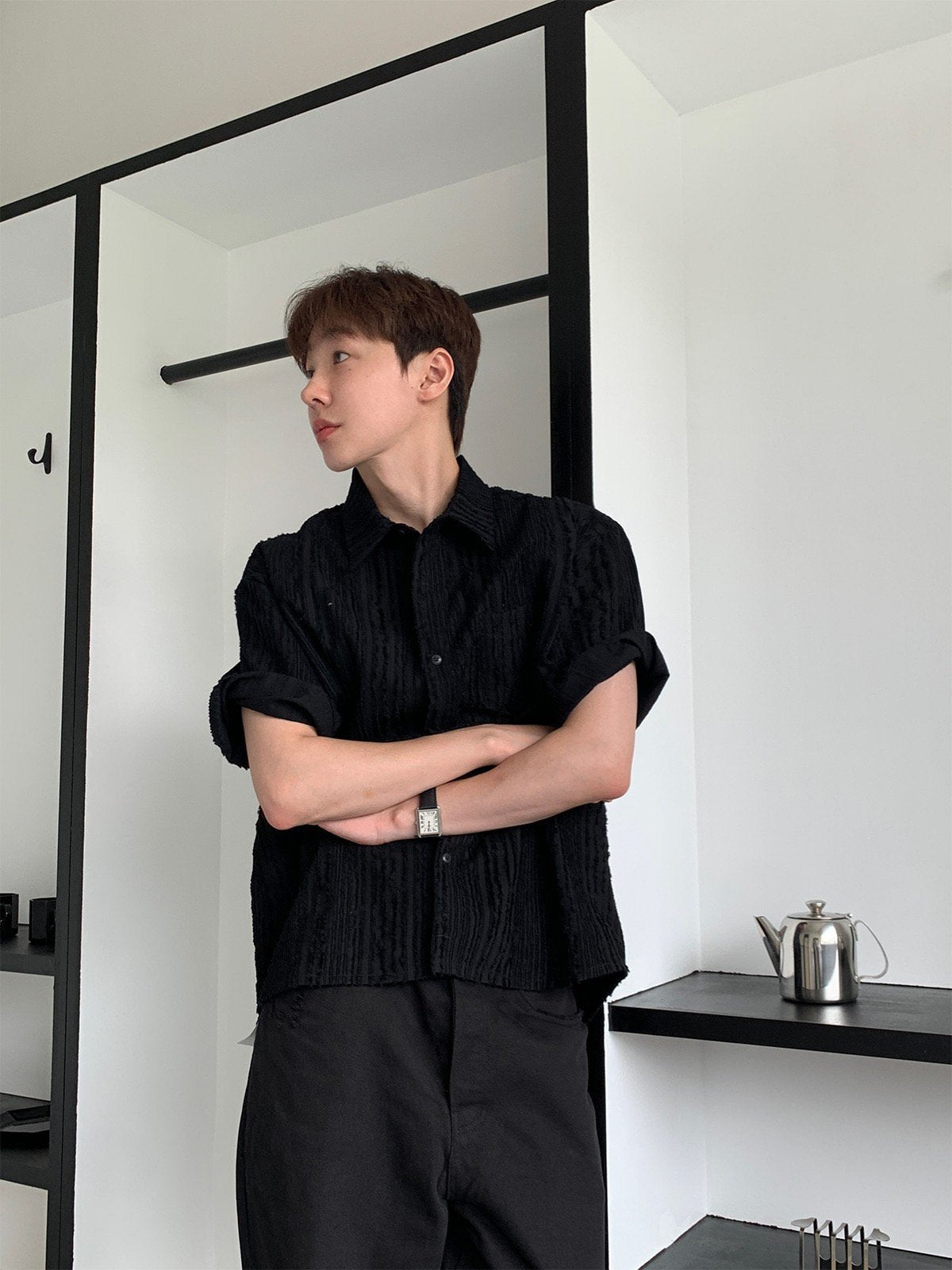 Crinkle Texture Open-Collar Shirt