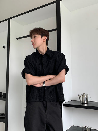 Crinkle Texture Open-Collar Shirt