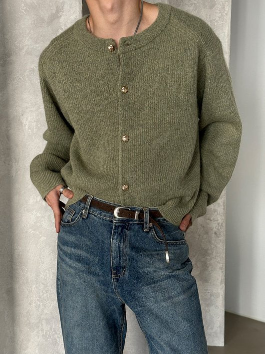 Metal Button Round-Neck Cardigan