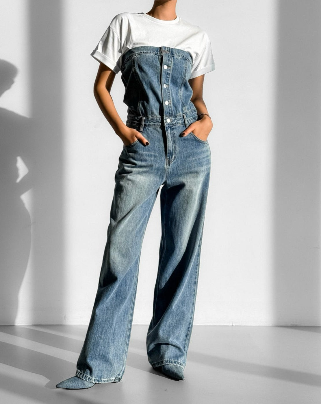 【PAPERMOON 페이퍼 문】SS / Strapless Blue Denim Jumpsuit