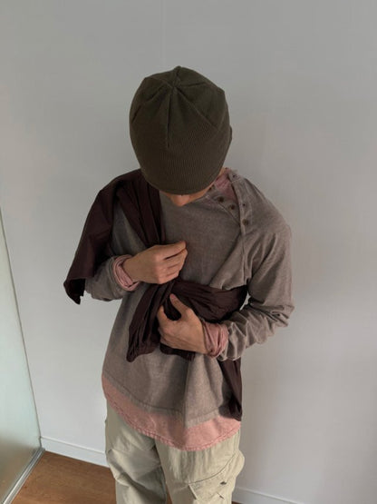 Pigment Dyed Side Slit Henley Long Sleeve Tee