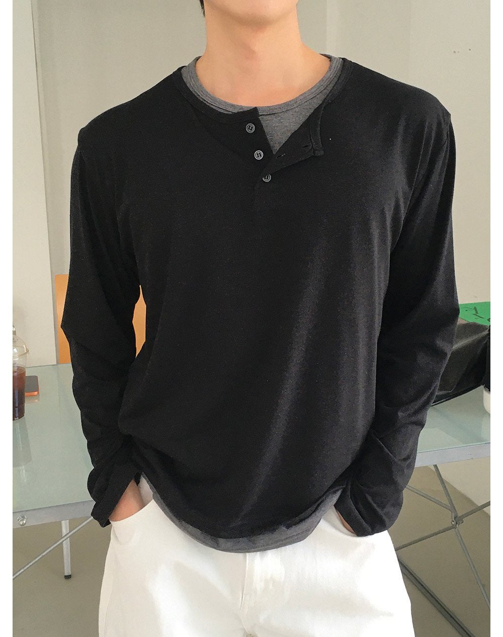 Cropped Layered Henley Neck Tee