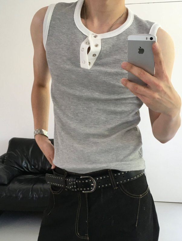 Waffle Contrast Henley Tank Top
