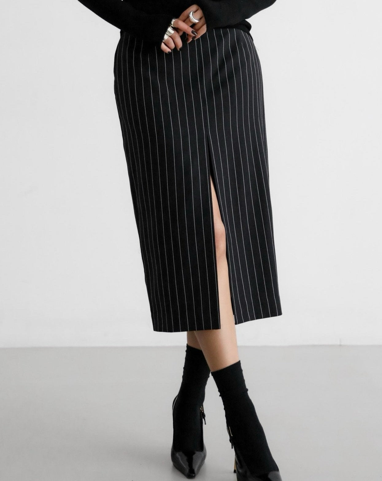 [PAPERMOON] SS / Wide Pin Stripe Set Up Suit Pencil Midi Skirt