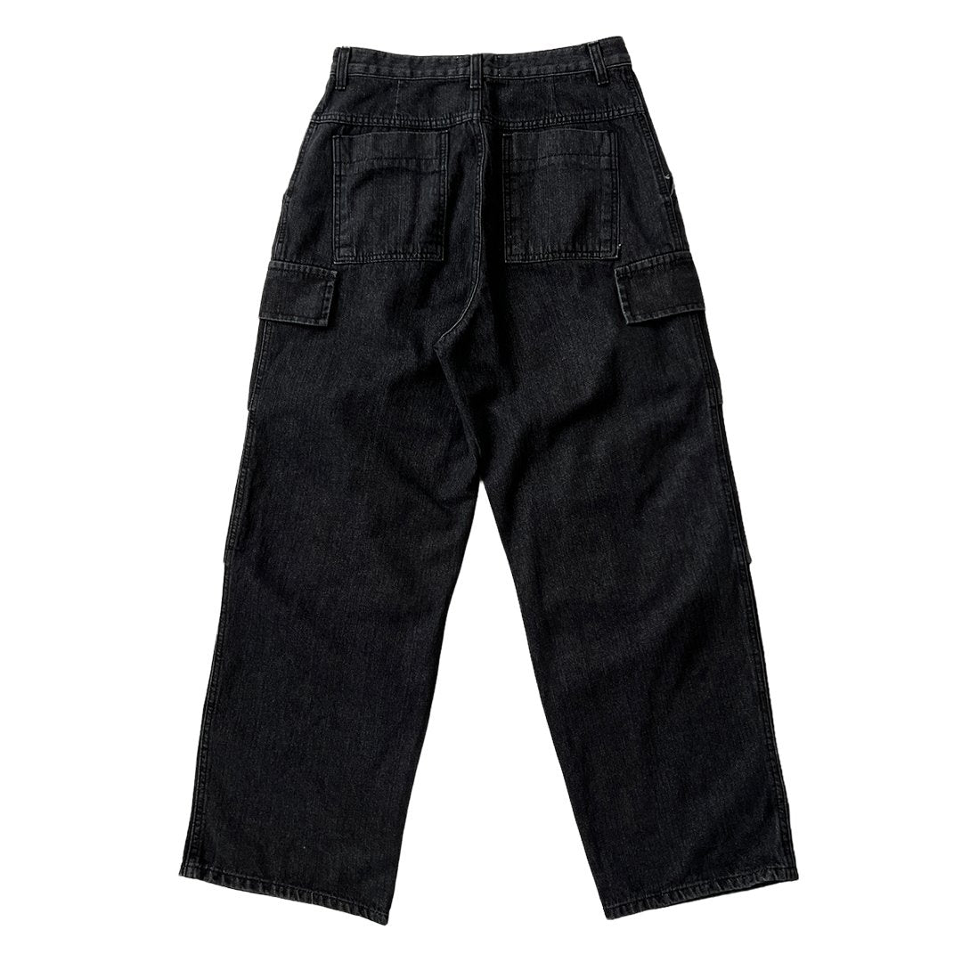 Curved Black Cargo Denim Pants