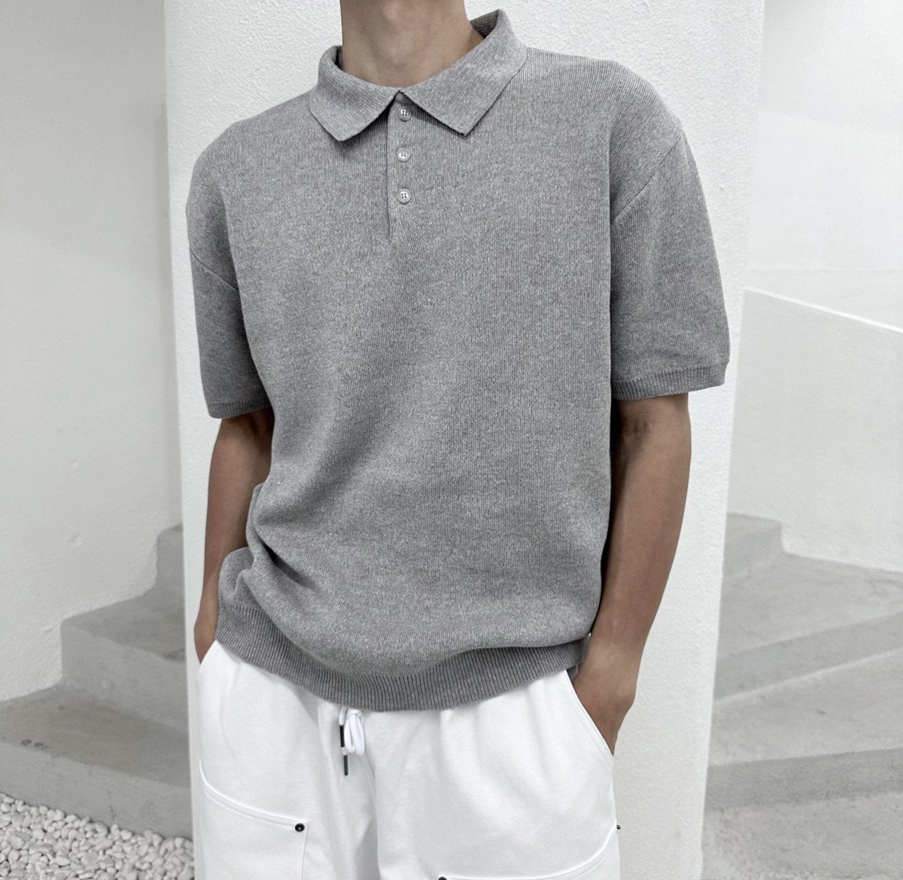 Linen Button Collar Knit