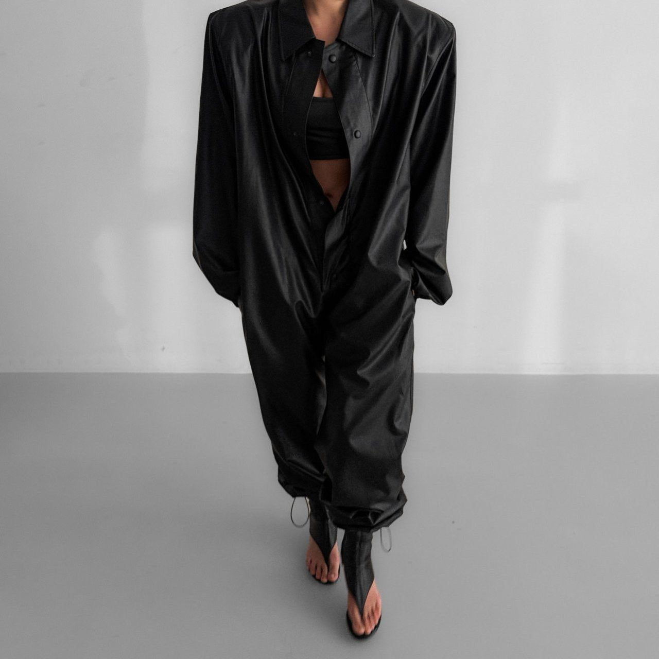 【PAPERMOON 페이퍼 문】SS / Oversized Vegan Leather Snap Button Detail Jumpsuit