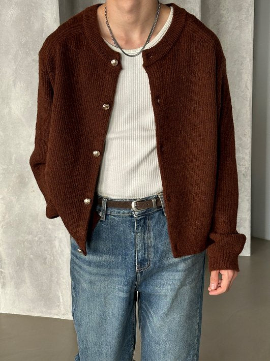 Metal Button Round-Neck Cardigan