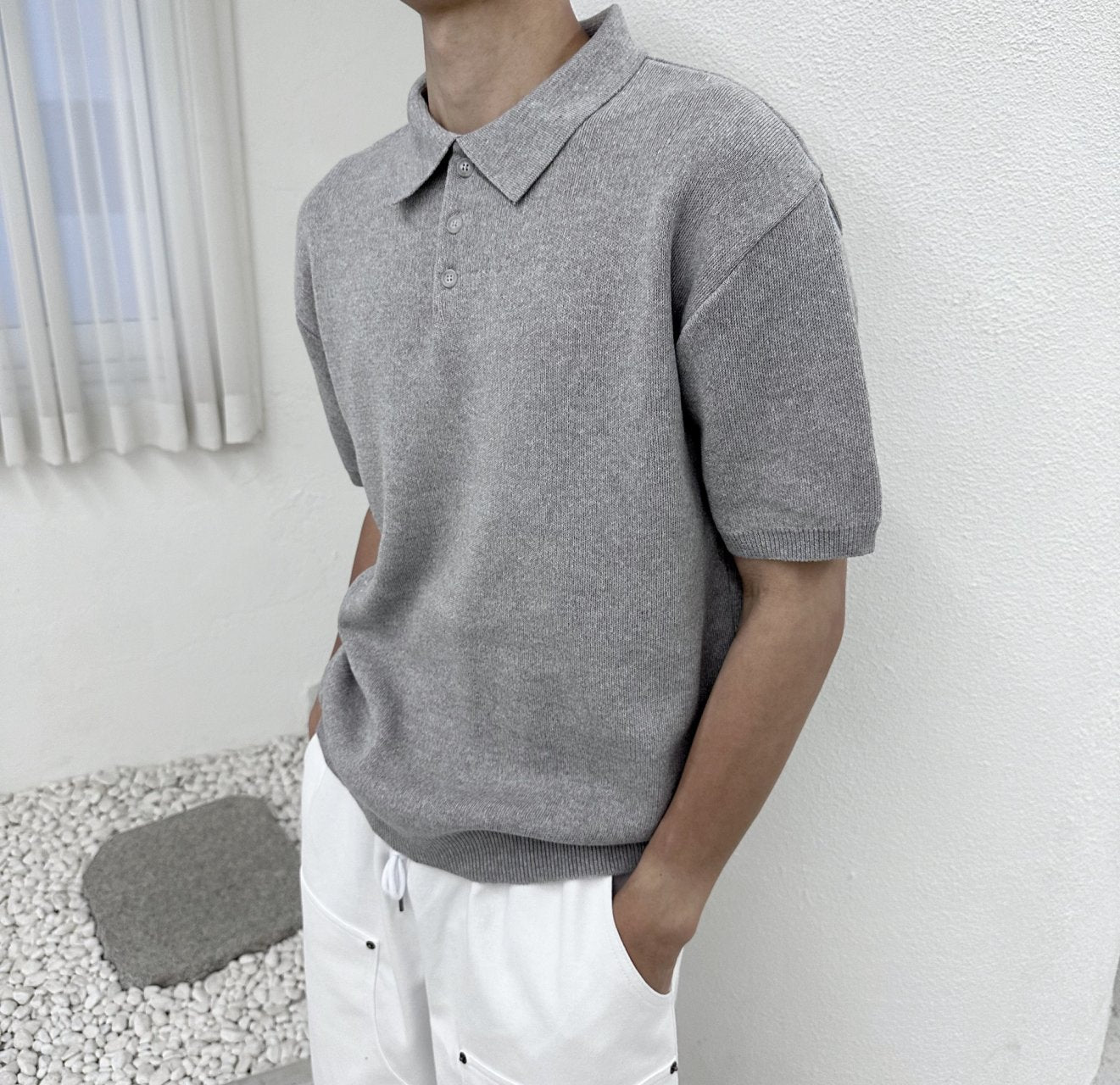 Linen Button Collar Knit
