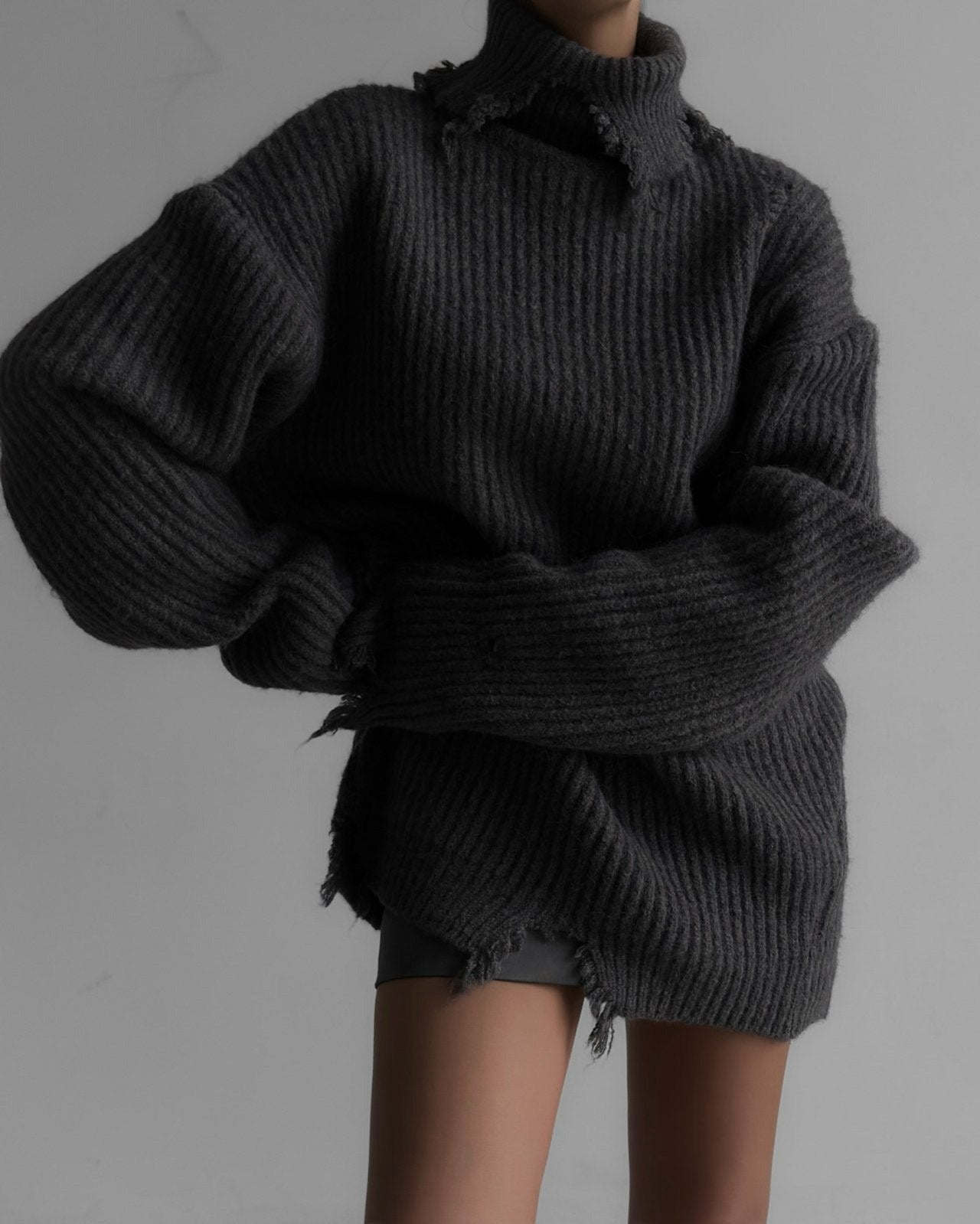 【即納】【PAPERMOON ペーパームーン】AW / Alpaca Blend Wool Chunky Oversized Distressed Turltleneck Knit