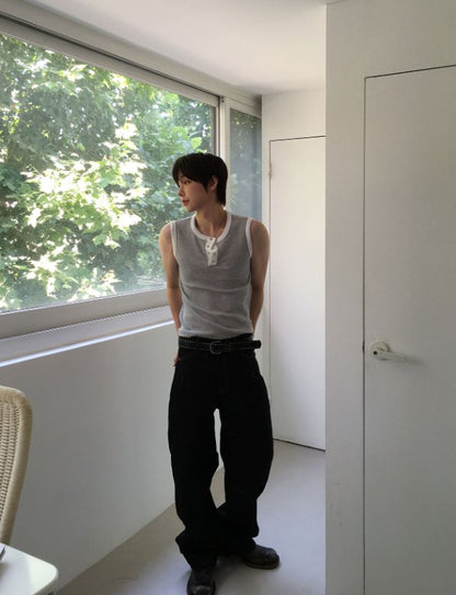 Waffle Contrast Henley Tank Top