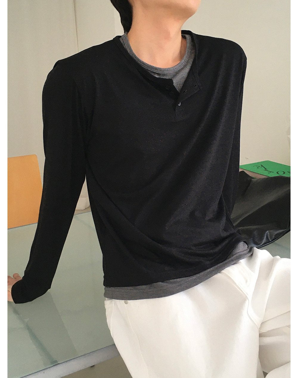 Cropped Layered Henley Neck Tee