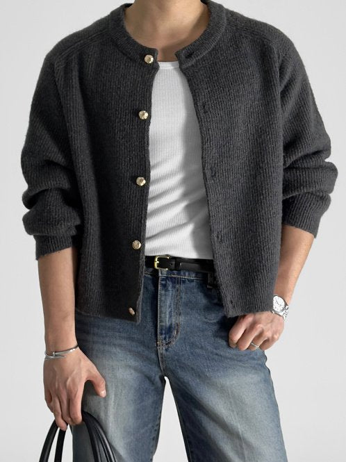 Metal Button Round-Neck Cardigan
