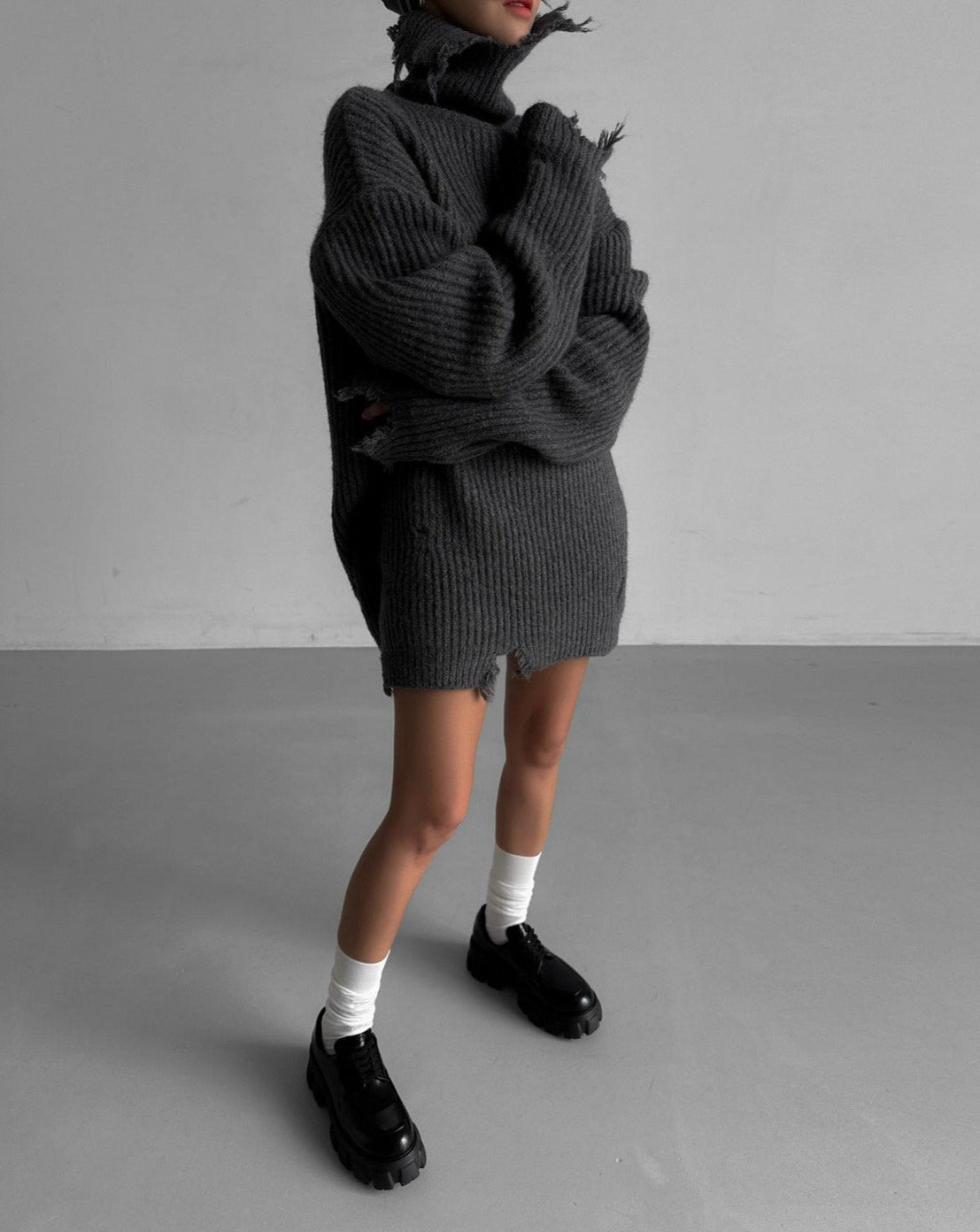 [Ready to ship] [PAPERMOON] AW / Alpaca Blend Wool Chunky Oversized Distressed Turtleneck Knit