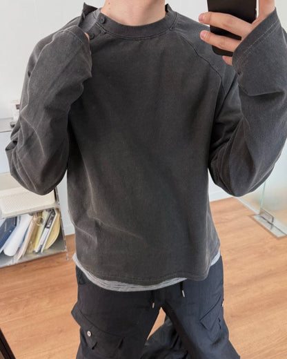 Pigment Dyed Side Slit Henley Long Sleeve Tee